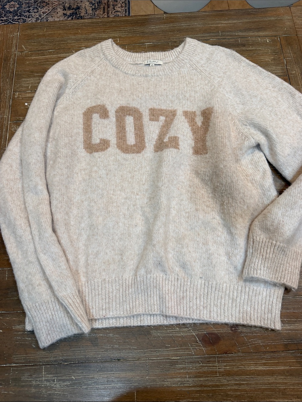 Z Supply COZY Crewneck Sweater in Cream with Tan Lettering